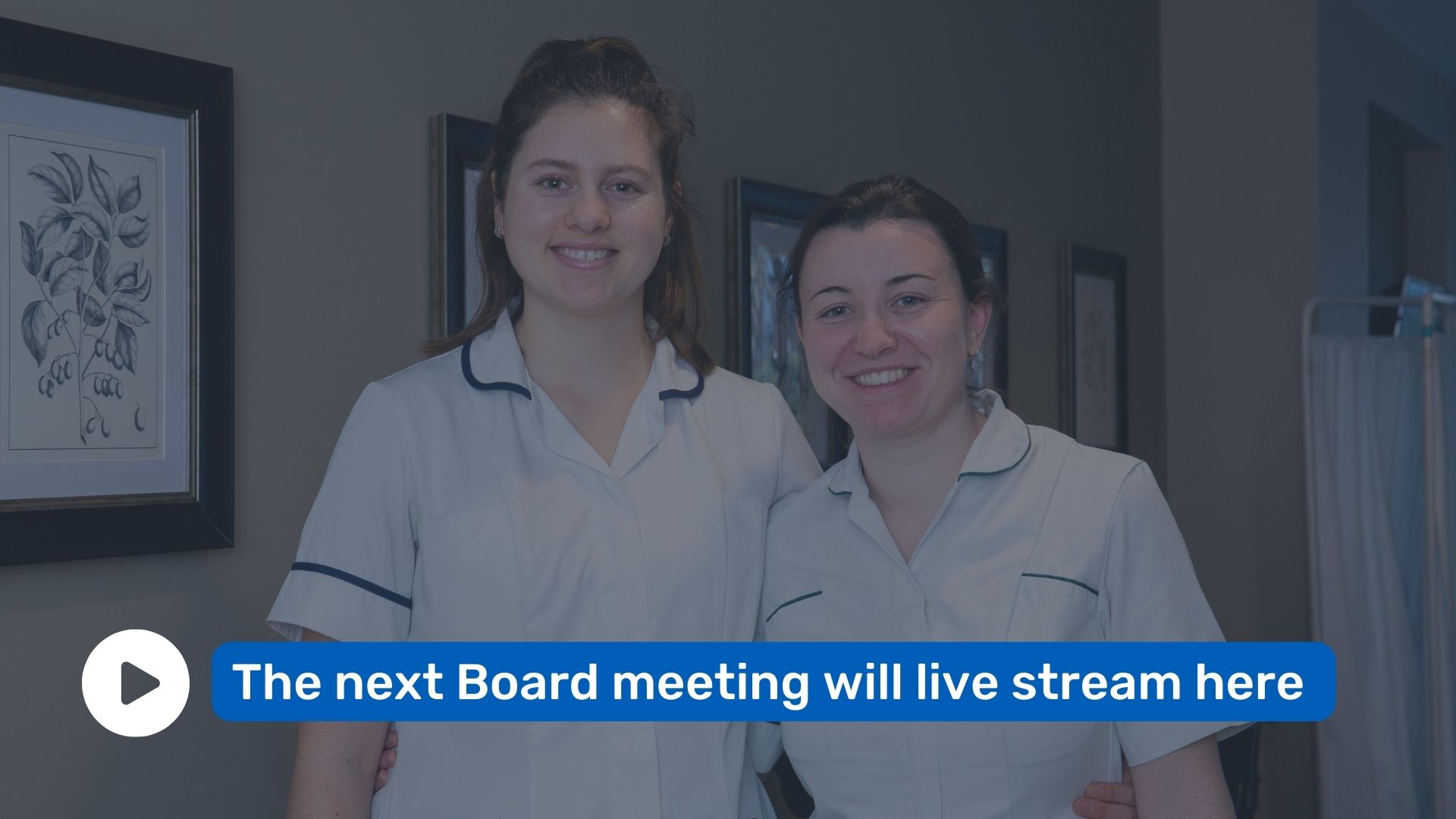 'The next Board meeting will live stream here' overlays two smiling people. 