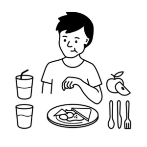 An illustration showing someone eating and drinking safely and efficiently